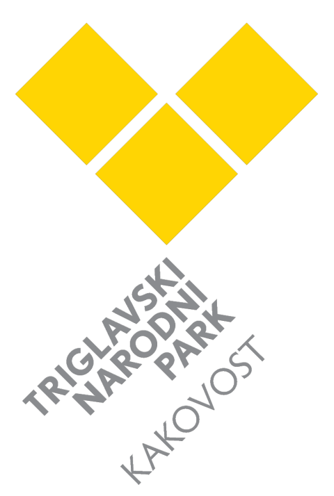 In the photograph, there is a logo featuring three yellow squares arranged in the shape of a heart. Below it is the text: Triglav National Park, Quality.