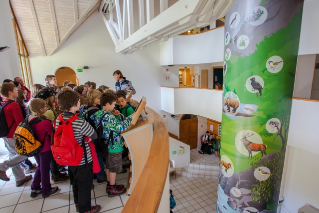 Na fotografiji je skupina otrok na notranjem balkonu, učiteljica jim kaže na interaktivne table. Spodaj se dviga visok steber z naslikanimi živalmi narodnega parka, v ozadju pa so še drugi balkoni.